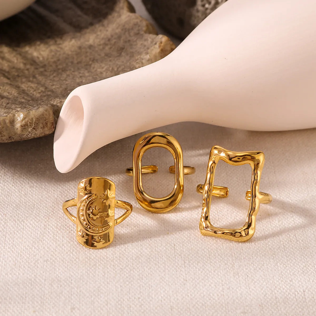 Wholesale Jewelry Casual Simple Style Star Moon Rectangle 304 Stainless Steel 18K Gold Plated Hollow Out Open Rings