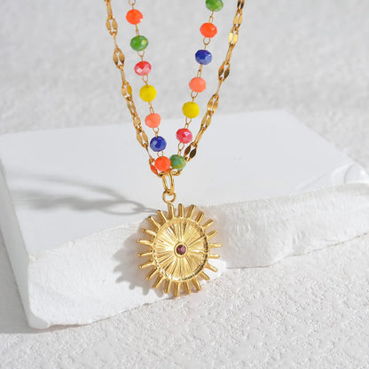 Wholesale Jewelry Casual Simple Style Sun Flower 304 Stainless Steel Double Layer Necklaces