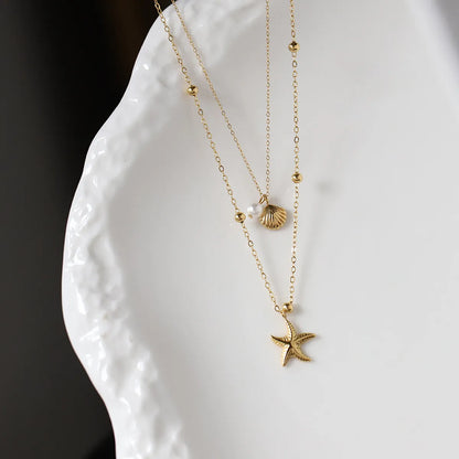 Wholesale Jewelry Casual Starfish Shell 201 Stainless Steel 304 Stainless Steel 18K Gold Plated Pearl Double Layer Necklaces