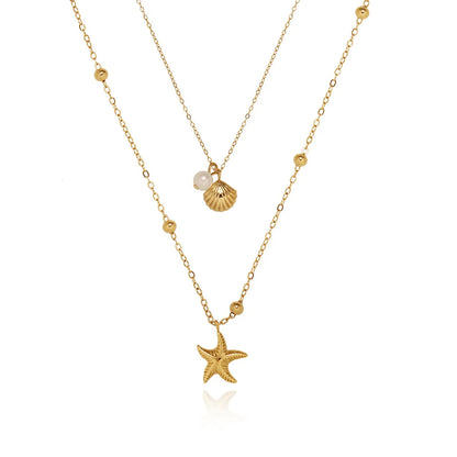 Wholesale Jewelry Casual Starfish Shell 201 Stainless Steel 304 Stainless Steel 18K Gold Plated Pearl Double Layer Necklaces