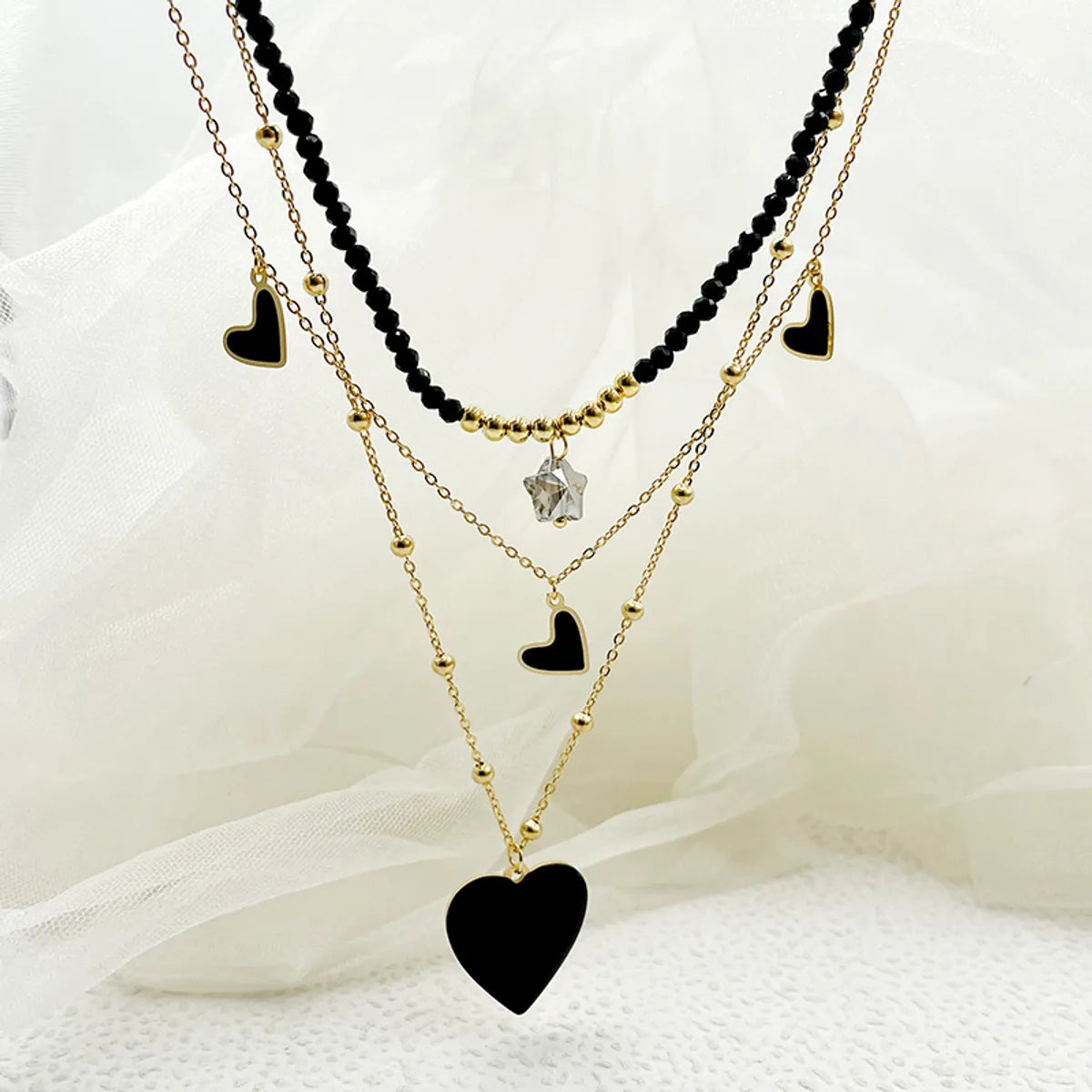 Wholesale Jewelry Casual Sweet Artistic Star Heart Shape 304 Stainless Steel Natural Stone Beads 14K Gold Plated Plating Inlay Three Layer Necklace