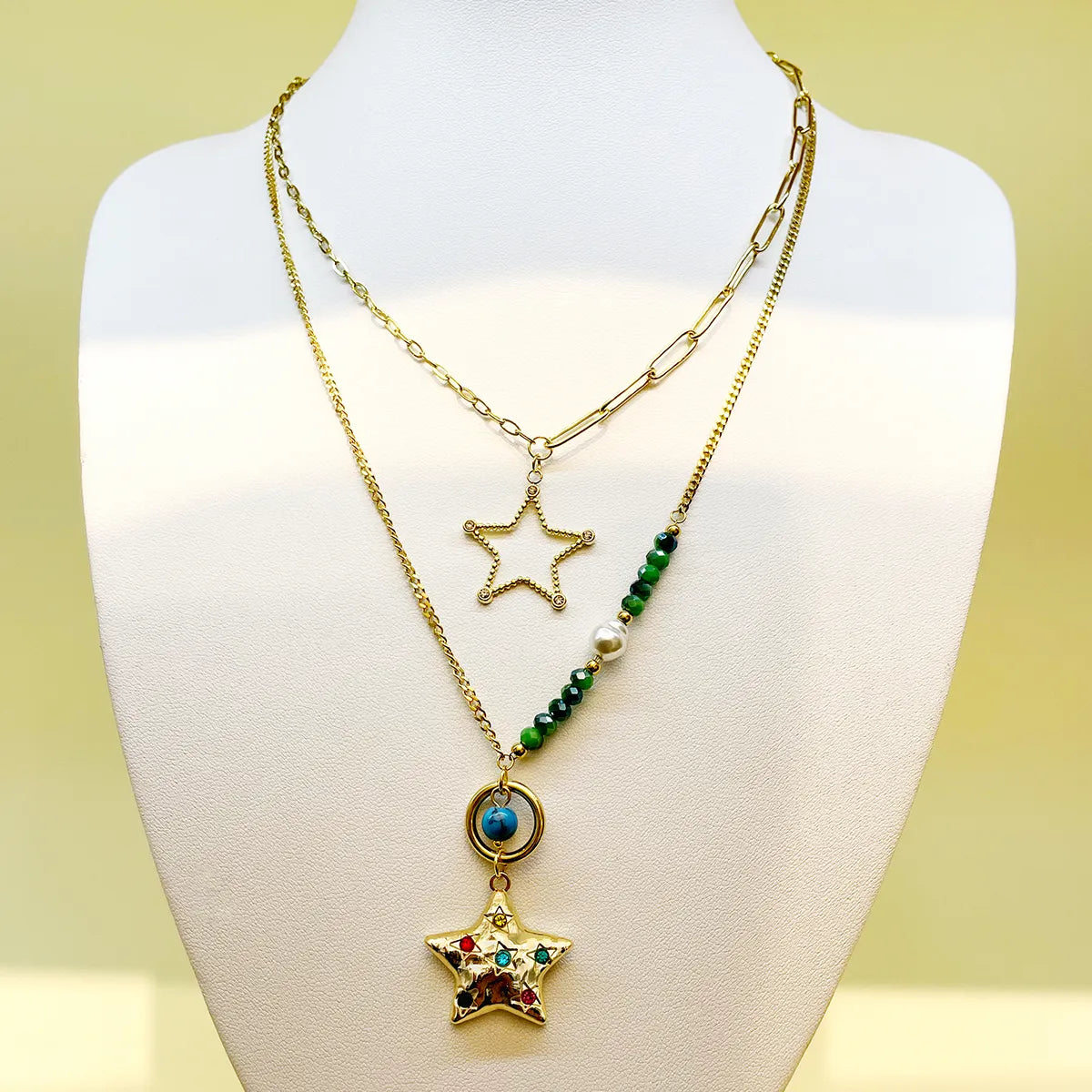 Wholesale Jewelry Casual Sweet Artistic Star Heart Shape 304 Stainless Steel Natural Stone Beads 14K Gold Plated Plating Inlay Three Layer Necklace