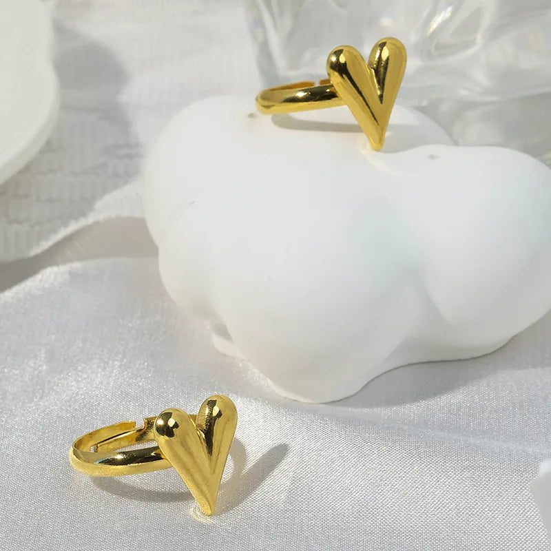 Wholesale Jewelry Casual Sweet Heart Shape 304 Stainless Steel Rhinestones 14K Gold Plated Inlay Open Rings