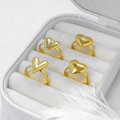 Wholesale Jewelry Casual Sweet Heart Shape 304 Stainless Steel Rhinestones 14K Gold Plated Inlay Open Rings