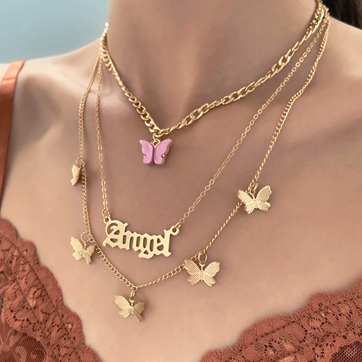 Wholesale Jewelry Casual Sweet Letter Butterfly Alloy 14k Gold Plated Layered Necklaces