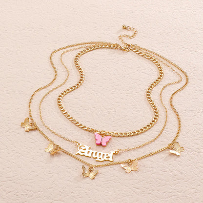 Wholesale Jewelry Casual Sweet Letter Butterfly Alloy 14k Gold Plated Layered Necklaces