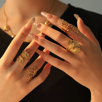 Wholesale Jewelry Casual Sweet Simple Style Leaves Flower 304 Stainless Steel 14K Gold Plated Plating Open Rings Rings