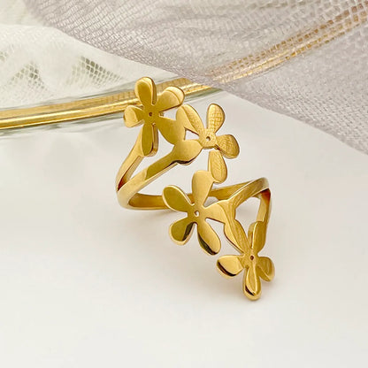 Wholesale Jewelry Casual Sweet Simple Style Leaves Flower 304 Stainless Steel 14K Gold Plated Plating Open Rings Rings