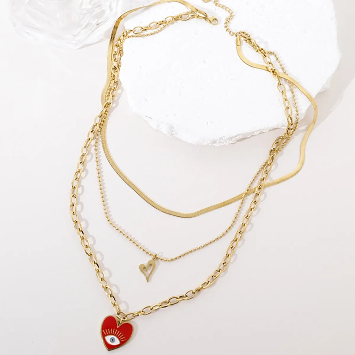 Wholesale Jewelry Casual Sweet Square Heart Shape Eye 304 Stainless Steel Pearl 14K Gold Plated Layered Plating Three Layer Necklace