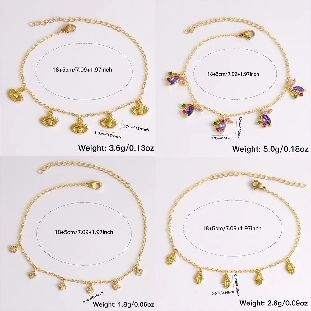 Wholesale Jewelry Casual Vacation Simple Style Devil'S Eye Palm Flower Copper Zircon 18K Gold Plated Plating Inlay Anklet