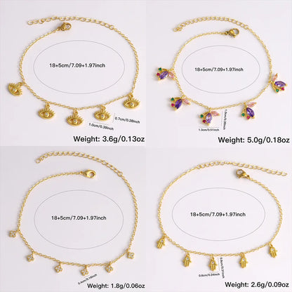 Wholesale Jewelry Casual Vacation Simple Style Devil'S Eye Palm Flower Copper Zircon 18K Gold Plated Plating Inlay Anklet