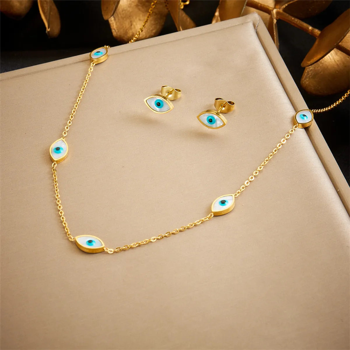 Wholesale Jewelry Casual Vintage Style Eye 304 Stainless Steel Shell 18K Gold Plated Inlay Jewelry Set