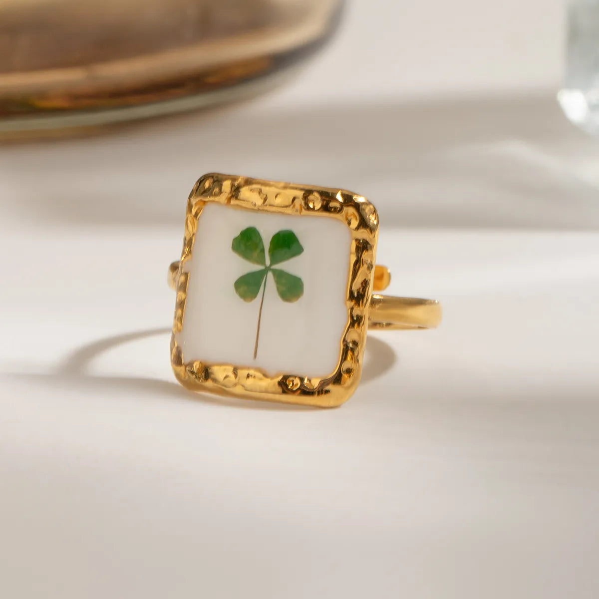 Wholesale Jewelry Classic Style Artistic Four Leaf Clover Stainless Steel Four Leaf Clover Open Rings