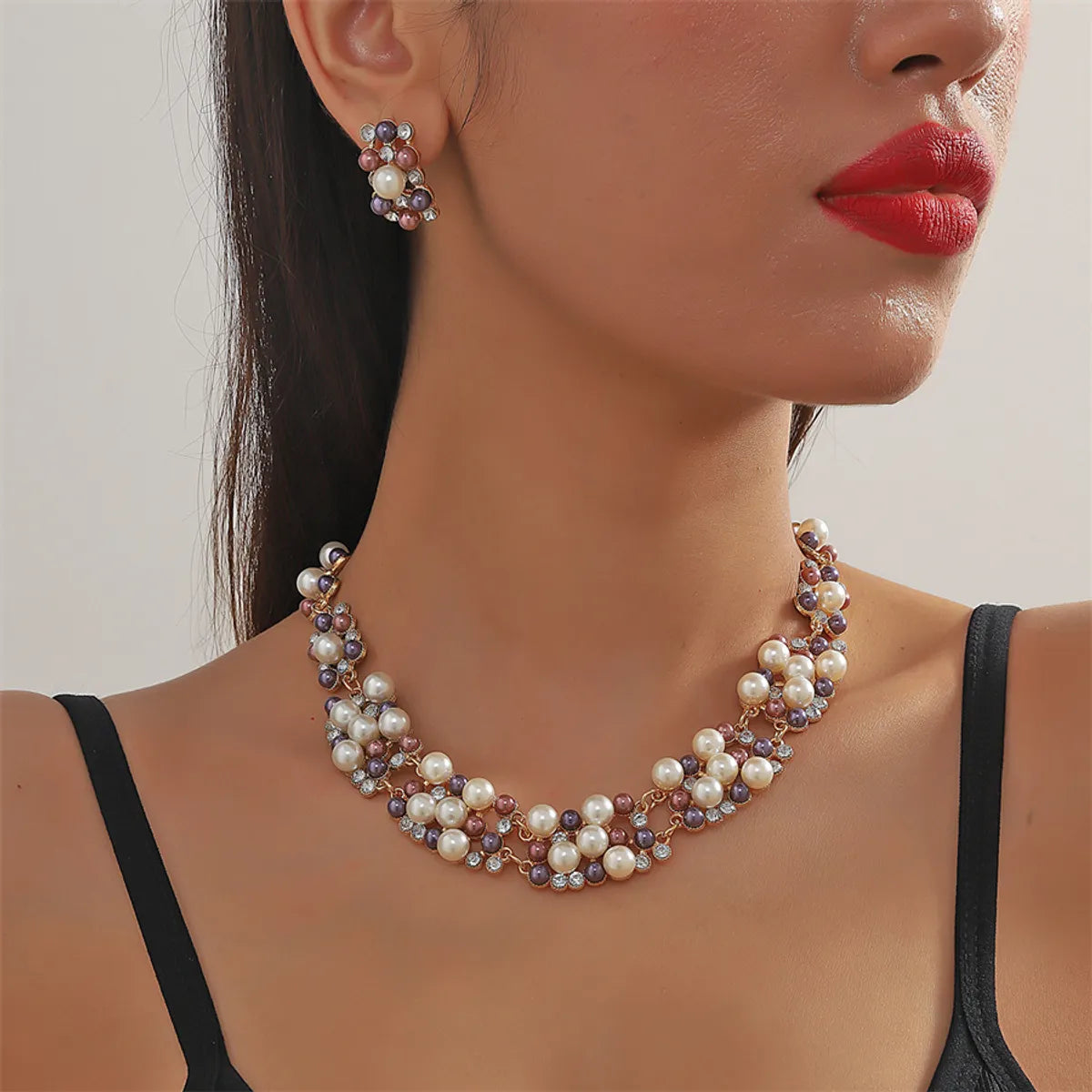 Wholesale Jewelry Classic Style Geometric Alloy Rhinestones Pearl Inlay Earrings Necklace