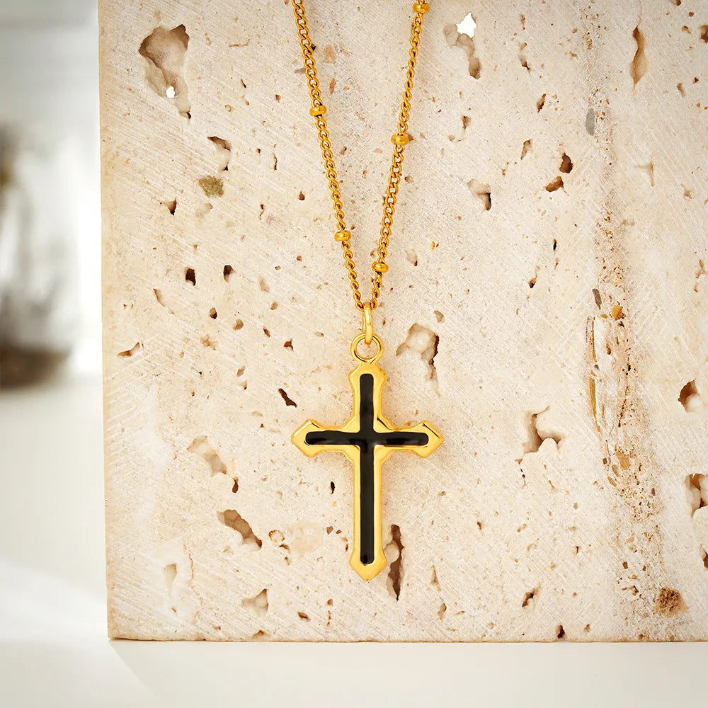 Wholesale Jewelry Classical Cross 304 Stainless Steel 18K Gold Plated Enamel Pendant Necklace