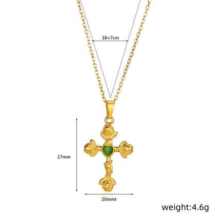 Wholesale Jewelry Classical Retro Cross Heart Shape 304 Stainless Steel Opal 18K Gold Plated Plating Pendant Necklace