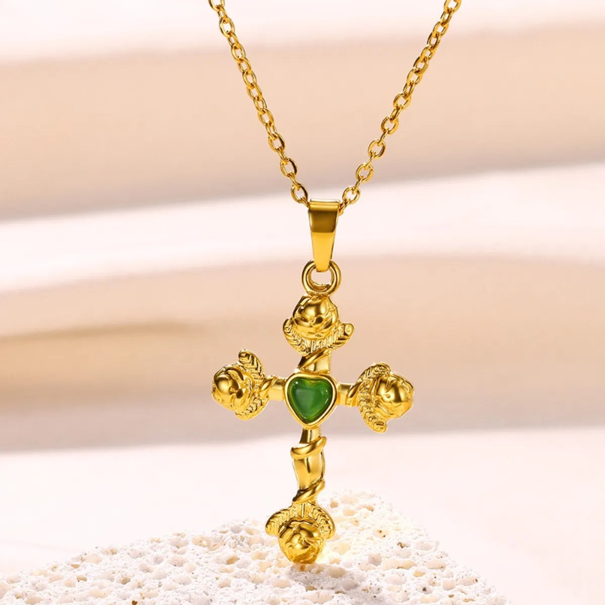 Wholesale Jewelry Classical Retro Cross Heart Shape 304 Stainless Steel Opal 18K Gold Plated Plating Pendant Necklace