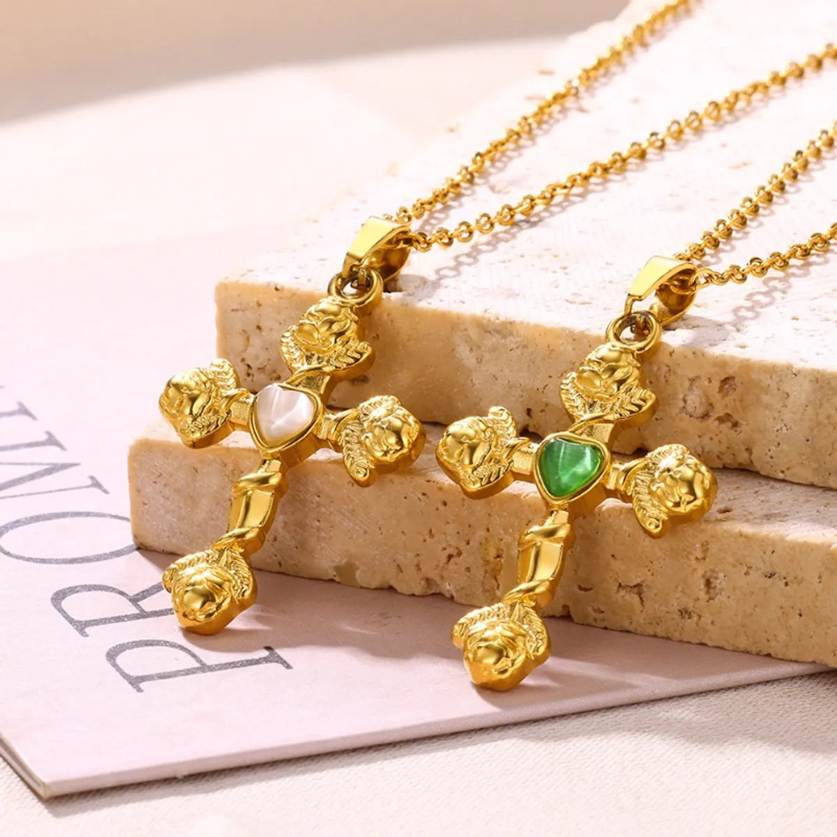 Wholesale Jewelry Classical Retro Cross Heart Shape 304 Stainless Steel Opal 18K Gold Plated Plating Pendant Necklace