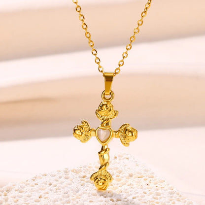 Wholesale Jewelry Classical Retro Cross Heart Shape 304 Stainless Steel Opal 18K Gold Plated Plating Pendant Necklace