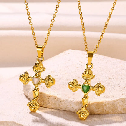 Wholesale Jewelry Classical Retro Cross Heart Shape 304 Stainless Steel Opal 18K Gold Plated Plating Pendant Necklace