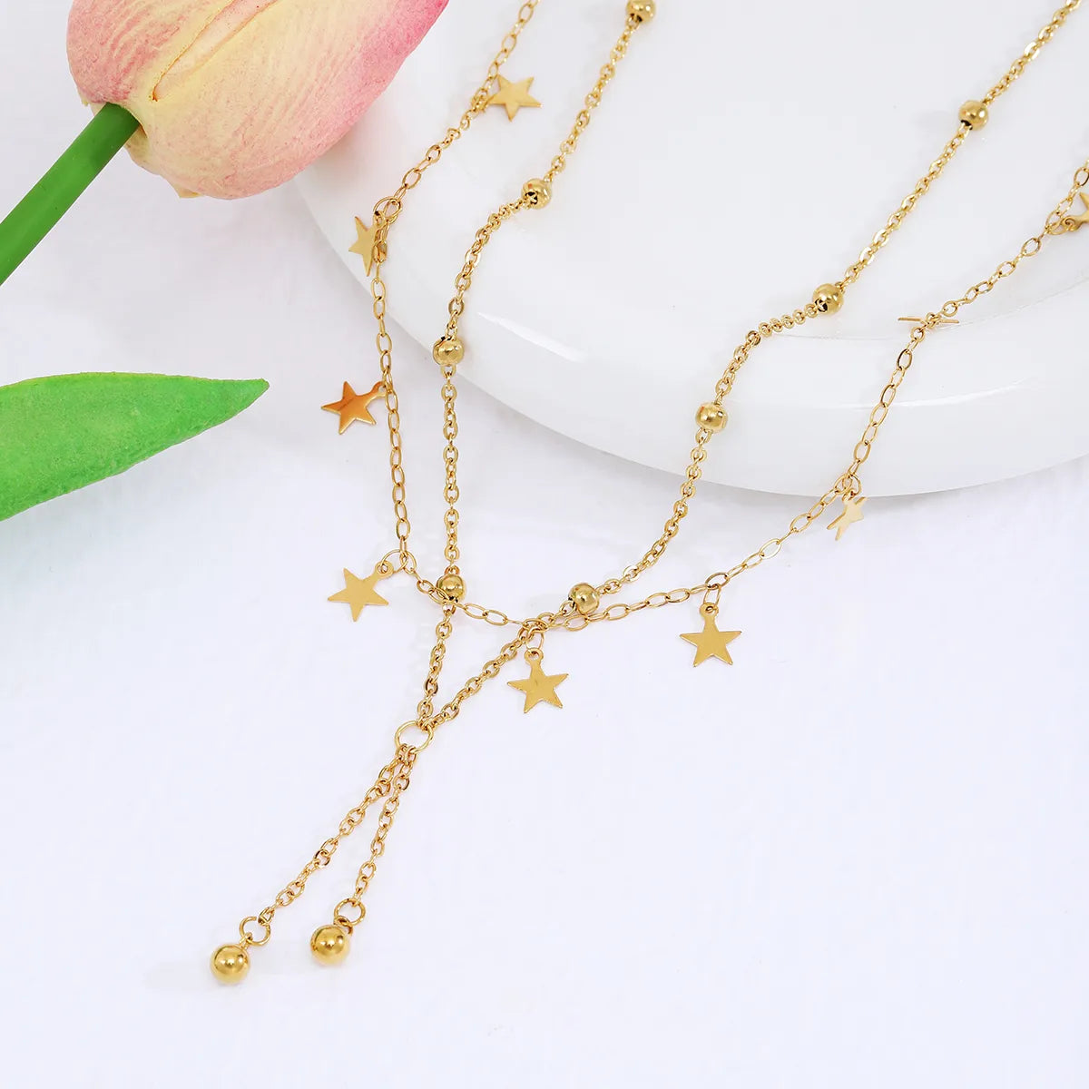 Wholesale Jewelry Classical Romantic Star 304 Stainless Steel 18K Gold Plated Chain Double Layer Necklaces