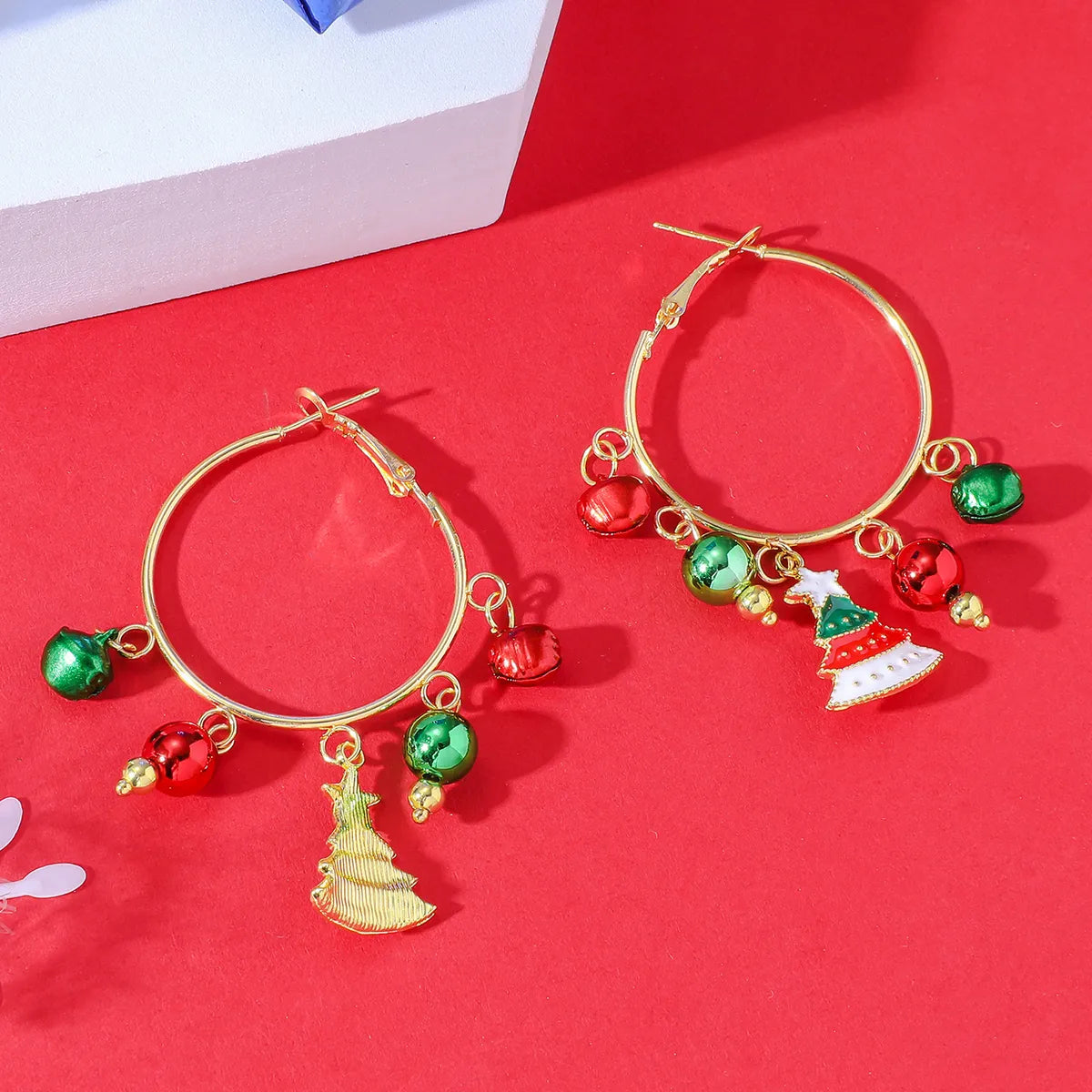 Wholesale Jewelry Cute Christmas Tree Alloy Gold Plated Enamel Hoop Earrings