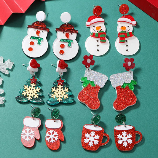 1 Pair Cute Christmas Tree Christmas Socks Snowflake Painted Arylic Drop Earrings