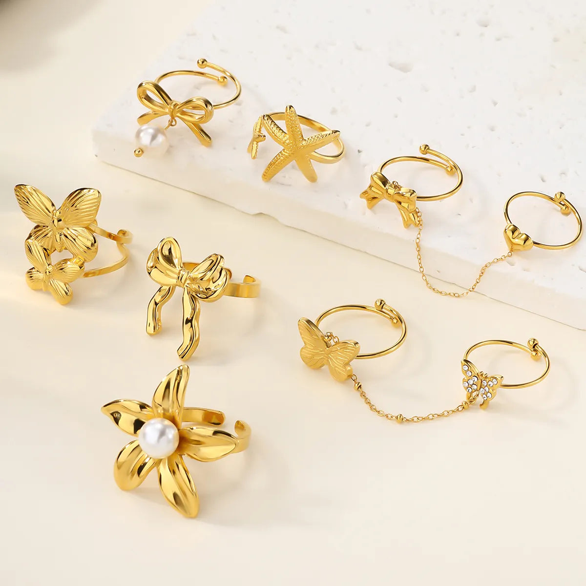 Wholesale Jewelry Cute Flower Butterfly Bow Knot 304 Stainless Steel Artificial Pearls Zircon 18K Gold Plated Plating Inlay Open Rings