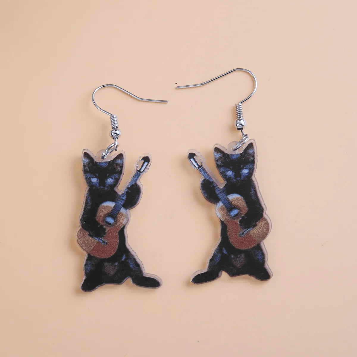 1 Pair Cute Funny Guitar Cat Printing Arylic Drop Earrings