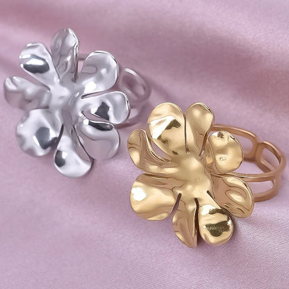 Wholesale Jewelry Cute Geometric Flower 304 Stainless Steel 18K Gold Plated Irregular Polishing Adjustable Ring