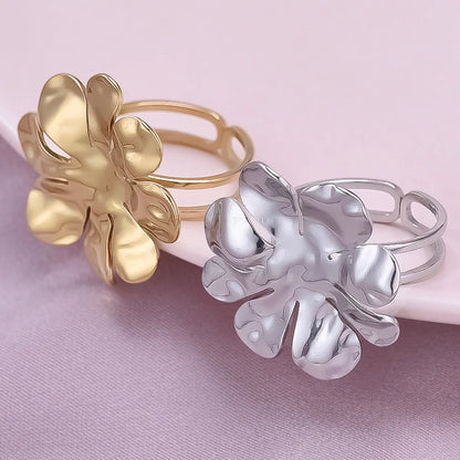 Wholesale Jewelry Cute Geometric Flower 304 Stainless Steel 18K Gold Plated Irregular Polishing Adjustable Ring