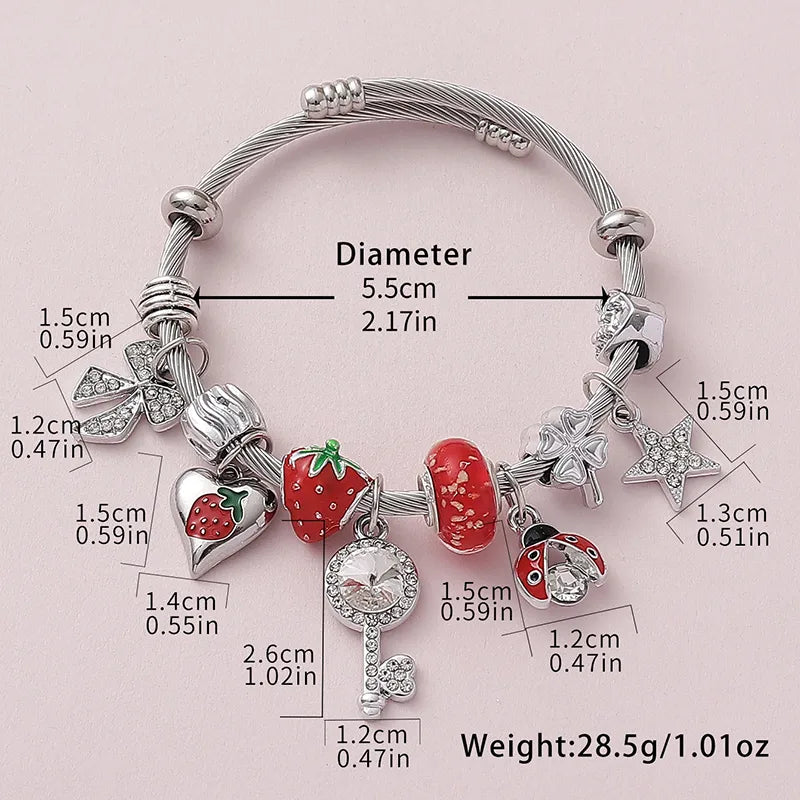 Wholesale Jewelry Cute Modern Style Sweet Insect Heart Shape Strawberry Alloy Rhinestones Enamel Inlay Bangle