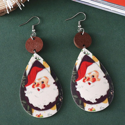 Wholesale Jewelry Cute Santa Claus Water Droplets Pu Leather Printing Drop Earrings