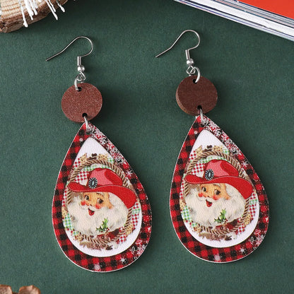 Wholesale Jewelry Cute Santa Claus Water Droplets Pu Leather Printing Drop Earrings