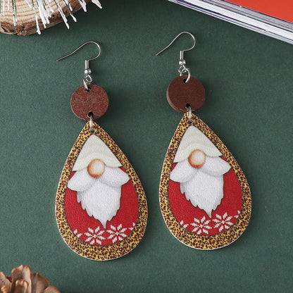 Wholesale Jewelry Cute Santa Claus Water Droplets Pu Leather Printing Drop Earrings