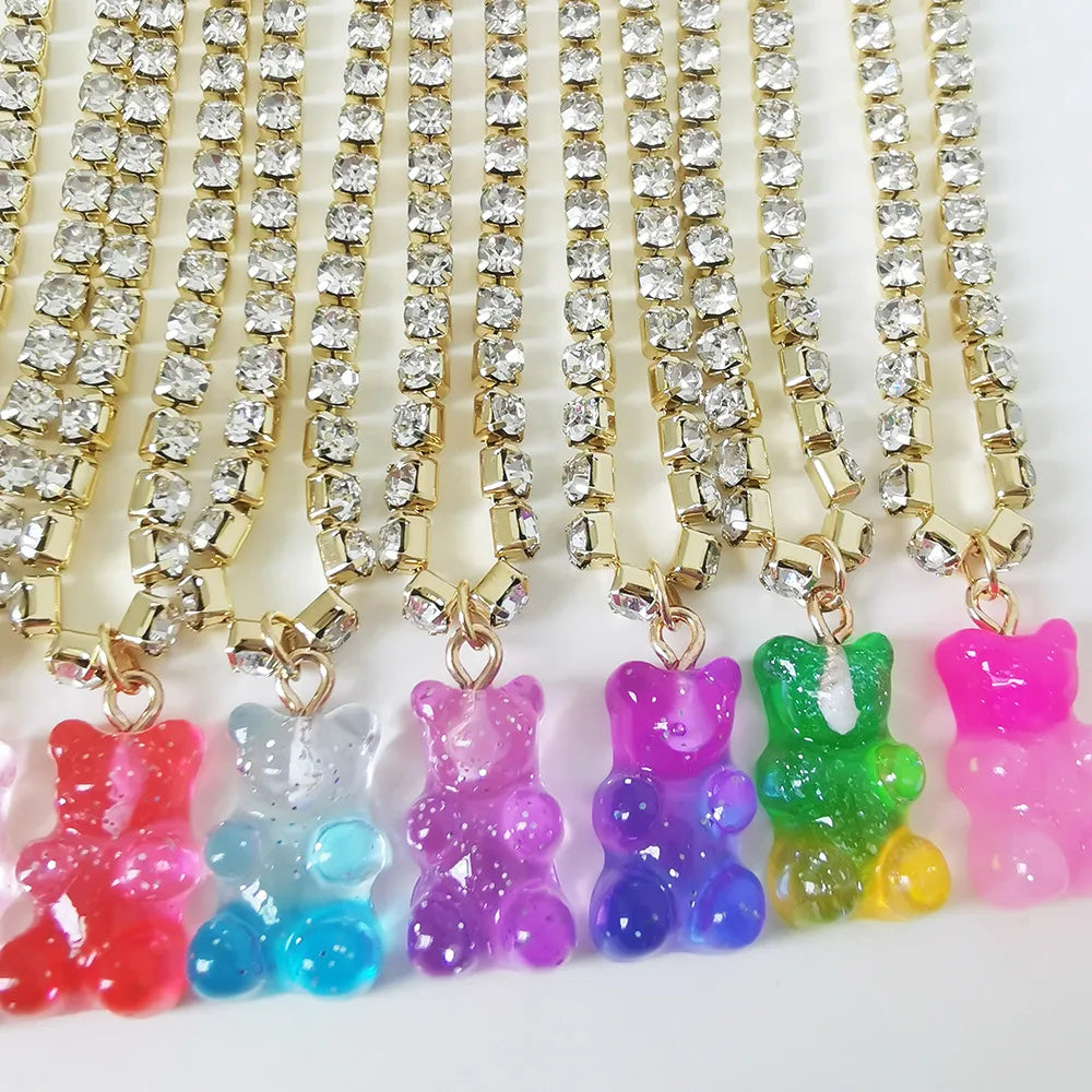 Wholesale Jewelry Cute Sweet Animal Bear Alloy Resin Rhinestones Pendant Necklace