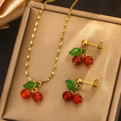 Wholesale Jewelry Cute Sweet Cherry Fruit 304 Stainless Steel 18K Gold Plated Plating Earrings Necklace Jewelry Set