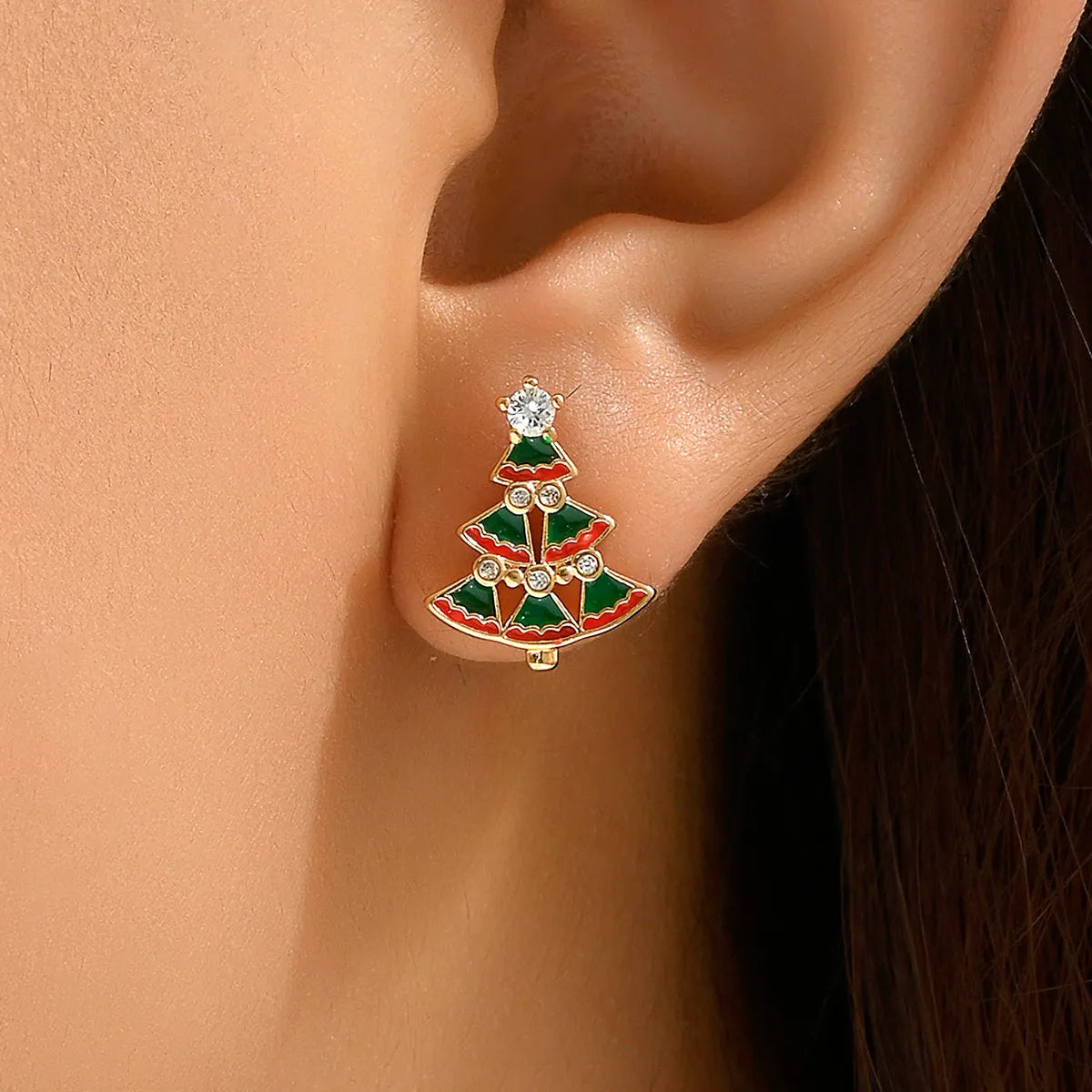 Wholesale Jewelry Cute Sweet Christmas Tree Moon Bow Knot Copper Alloy Zircon 18k Gold Plated Enamel Plating Inlay Ear Studs