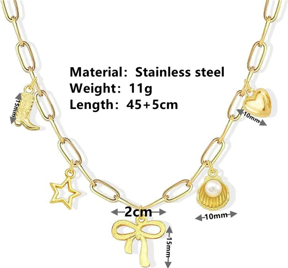 Wholesale Jewelry Cute Sweet Star Bow Knot Shell Titanium Steel Pearl 18K Gold Plated Hollow Out Inlay Pendant Necklace