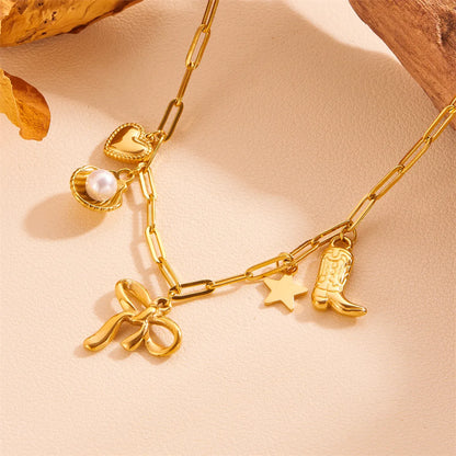 Wholesale Jewelry Cute Sweet Star Bow Knot Shell Titanium Steel Pearl 18K Gold Plated Hollow Out Inlay Pendant Necklace