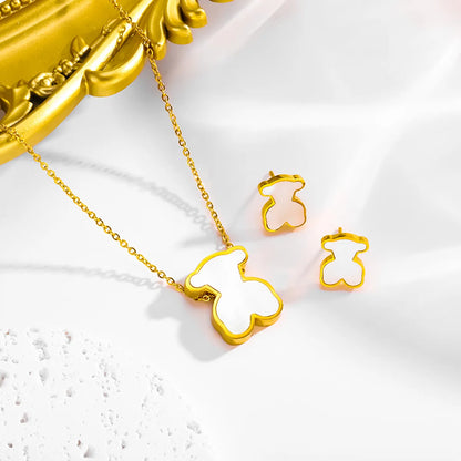 Wholesale Jewelry Cute Vintage Style Simple Style Little Bear 304 Stainless Steel 18K Gold Plated Earrings Necklace Jewelry Set