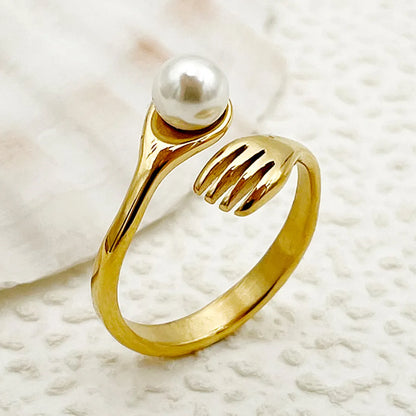 Wholesale Jewelry Elegant Baroque Style Modern Style Round Palm 304 Stainless Steel Pearl 14K Gold Plated Asymmetrical Inlay Rings