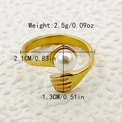 Wholesale Jewelry Elegant Baroque Style Modern Style Round Palm 304 Stainless Steel Pearl 14K Gold Plated Asymmetrical Inlay Rings