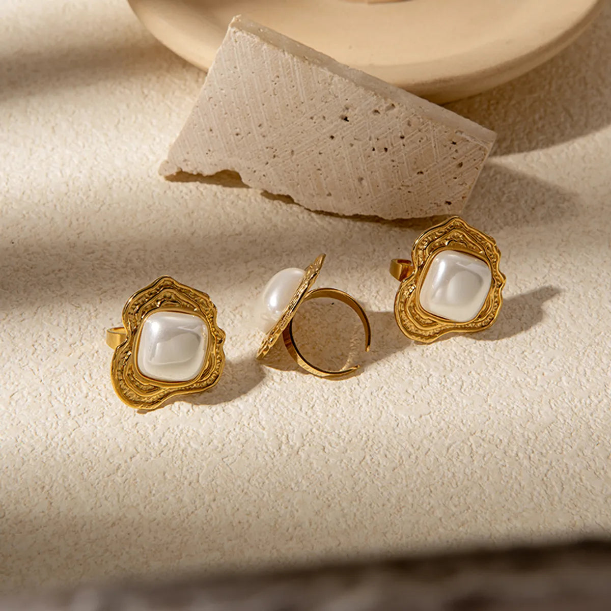 Wholesale Jewelry Elegant Baroque Style Streetwear Irregular Square 304 Stainless Steel Pearl 14K Gold Plated Inlay Open Rings