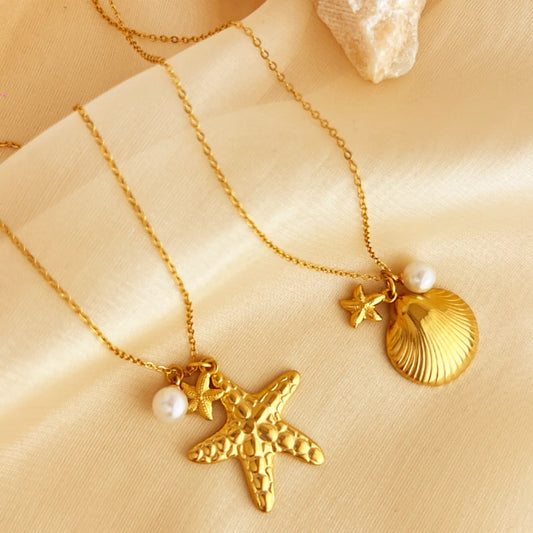 Wholesale Jewelry Elegant Beach Starfish Shell 304 Stainless Steel 18K Gold Plated Plating Pendant Necklace