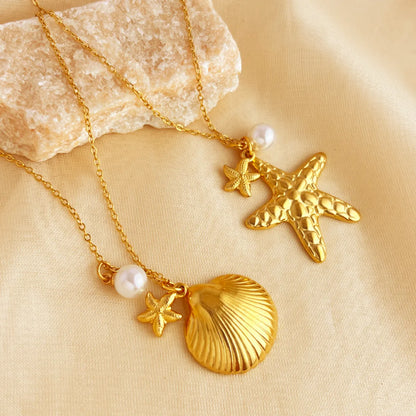 Wholesale Jewelry Elegant Beach Starfish Shell 304 Stainless Steel 18K Gold Plated Plating Pendant Necklace