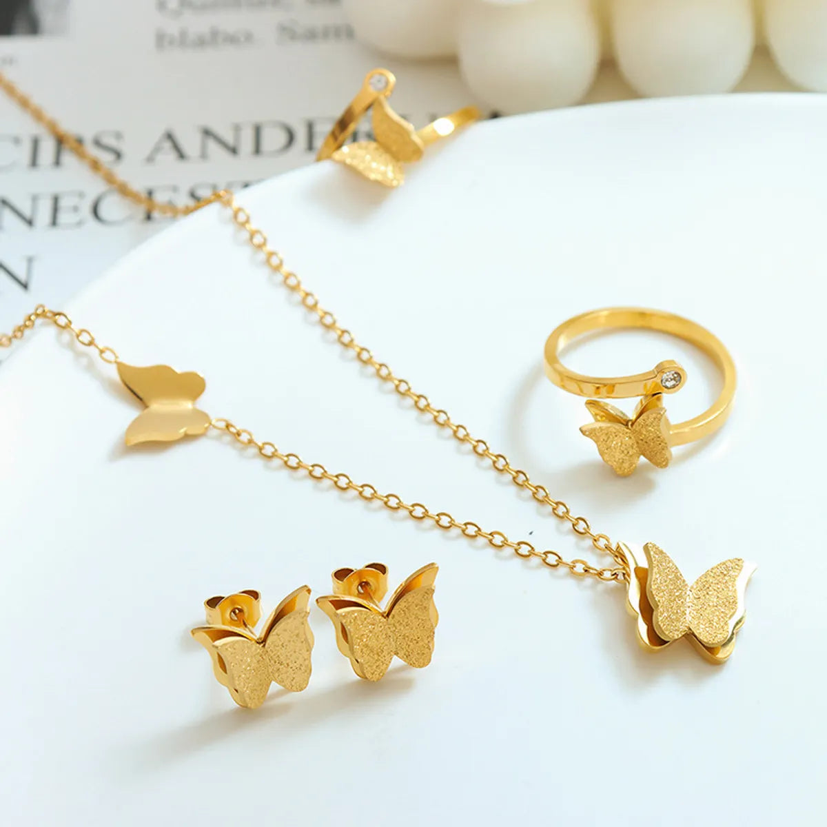 Wholesale Jewelry Elegant Classic Style Butterfly 304 Stainless Steel Gold Plated Rings Earrings Necklace