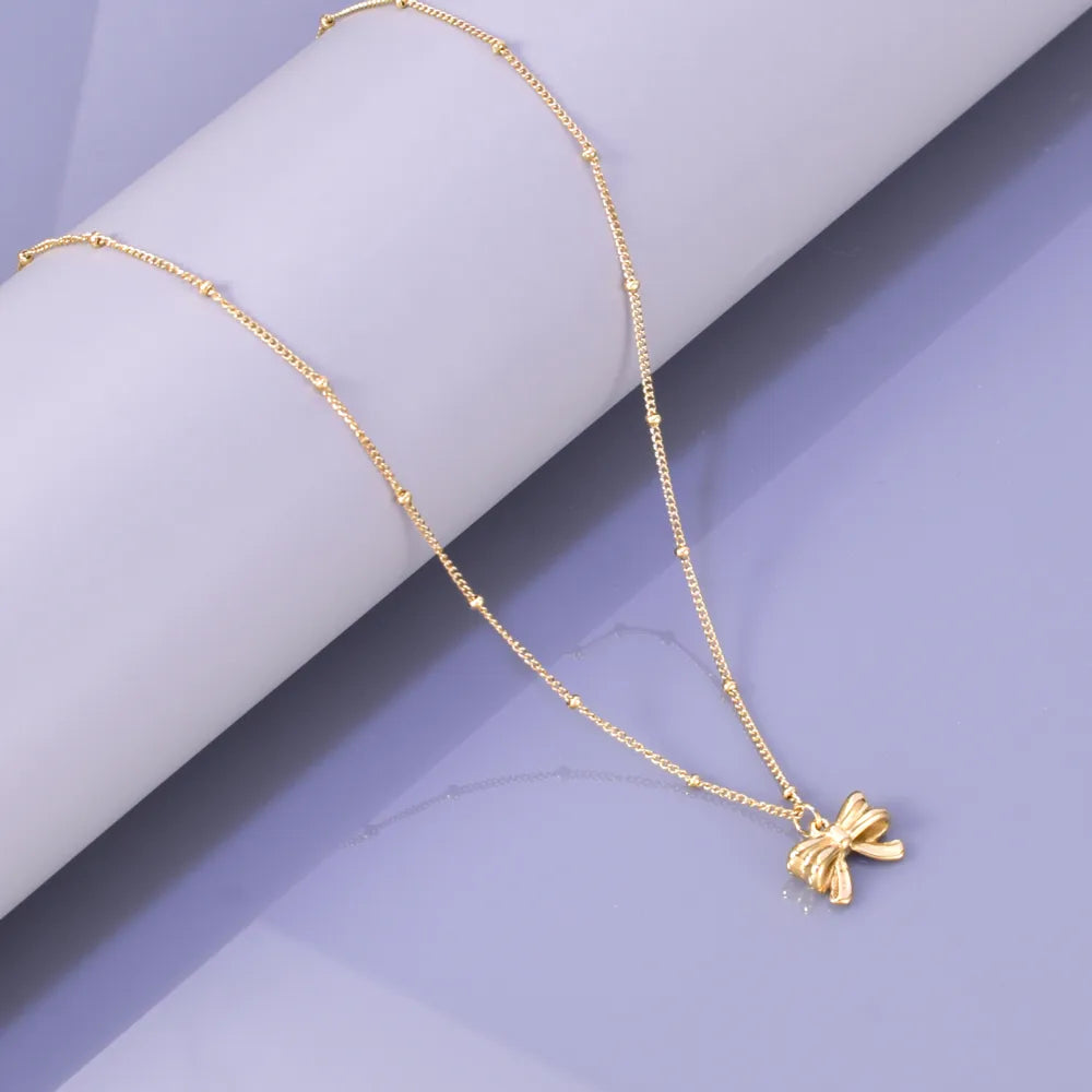 Wholesale Jewelry Elegant Classic Style Heart Shape Solid Color Bow Knot 304 Stainless Steel Titanium Steel 18K Gold Plated Pendant Necklace