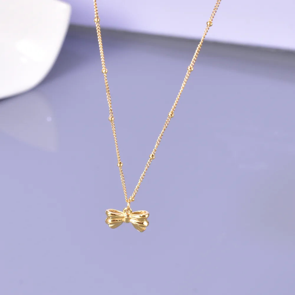 Wholesale Jewelry Elegant Classic Style Heart Shape Solid Color Bow Knot 304 Stainless Steel Titanium Steel 18K Gold Plated Pendant Necklace