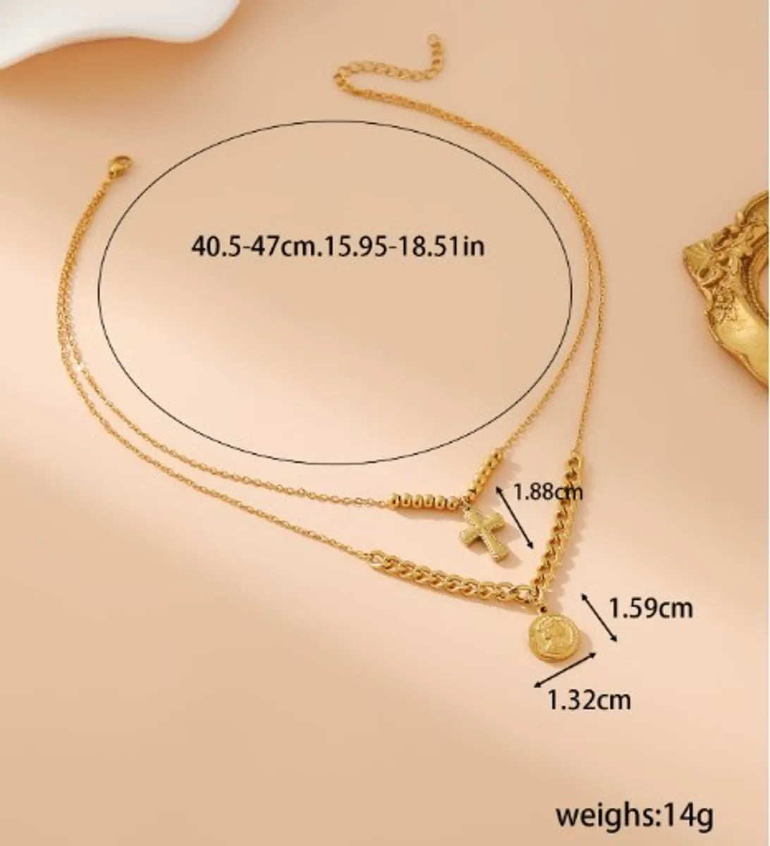 Wholesale Jewelry Elegant Classical Human Cross 304 Stainless Steel 18K Gold Plated Beaded Double Layer Necklaces